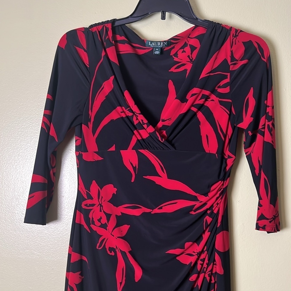 Ralph Lauren Black and Red mob wife,career Sheath Dress V-Neck 3/4 Sleeve - Picture 3 of 5